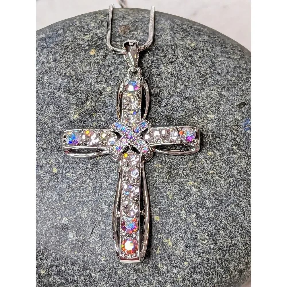 White Gold Plated Crystal Cross Necklace NEW Religious Spiritual Gift